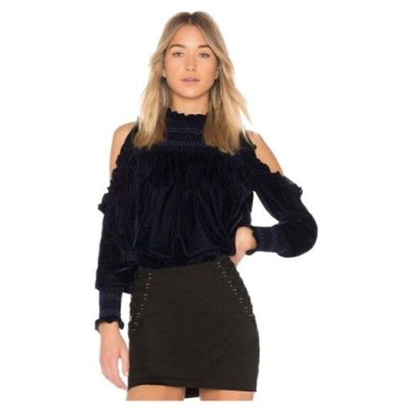 Joie Aneisha Velvet Cold-Shoulder Smocked Top in Midnight Sky Size XS - Picture 2 of 9